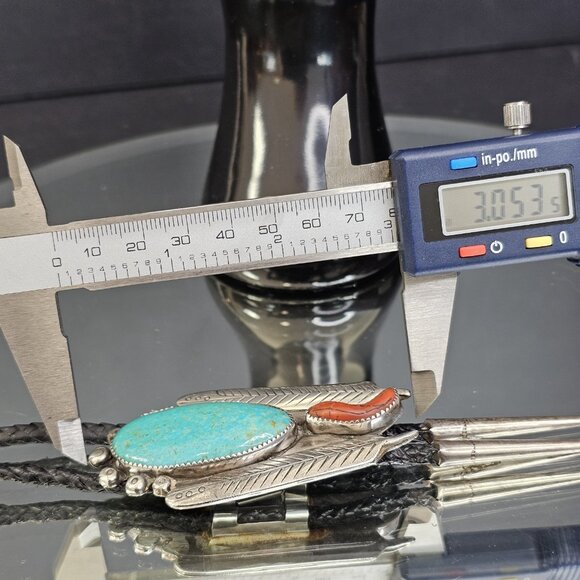 Navajo Turquoise And Coral Sterling Silver Bolo Tie Signed. USA Native American - Picture 11 of 15